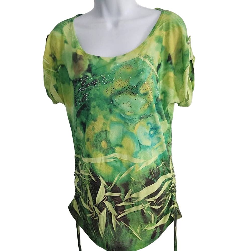B.L.E.U Size L Green w/ Bead Embellishment Multi-Print Blouse